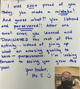 Note from a teacher, telling a student she is proud of him/her/them for learning from a mistake