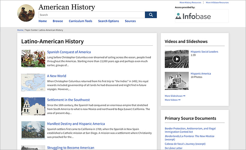 Latino-American History Topic Center in Infobase's American History database
