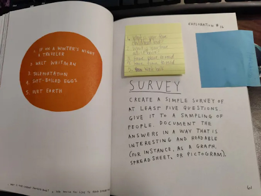 "Survey" chapter from How to Be an Explorer of the World, with sticky notes