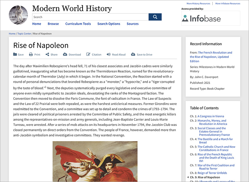 Rise of Napoleon Topic Center in Infobase's Modern World History database