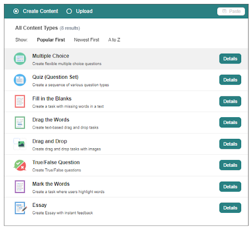 Quiz Builder "Create Content/Upload" function on Infobase Learning Cloud