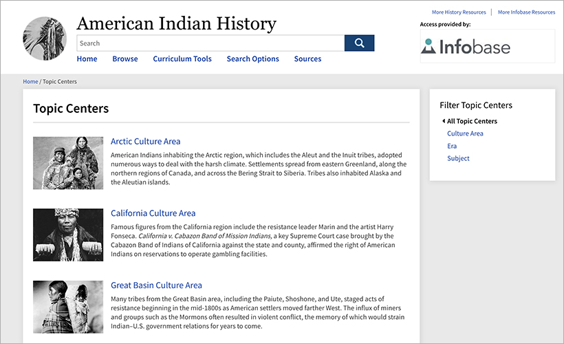 Topic Centers from Infobase's American Indian History database
