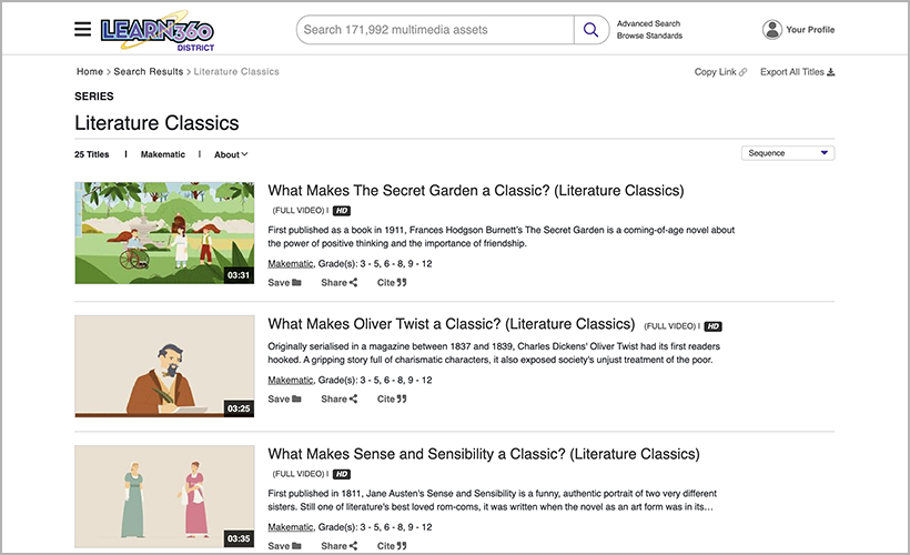 The Literature Classics series from Makematic, available on Learn360