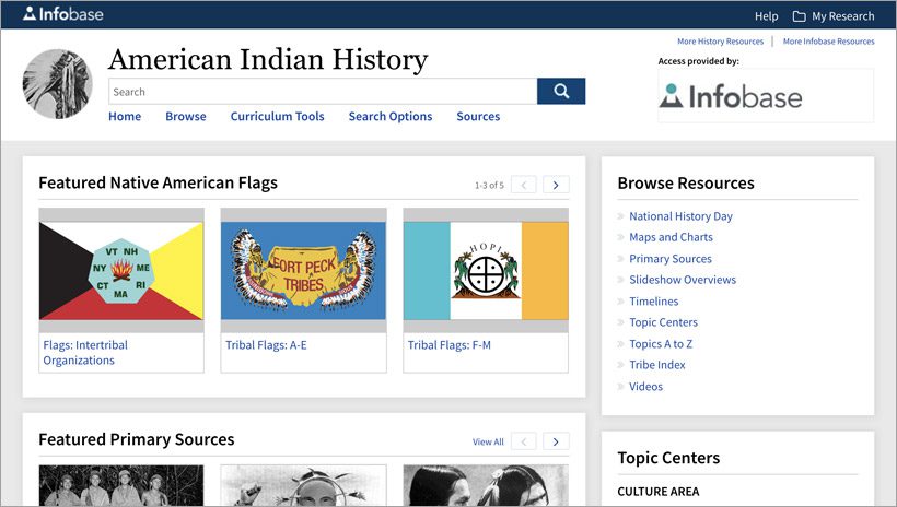 American Indian History home page, with Featured Native American Flags slider