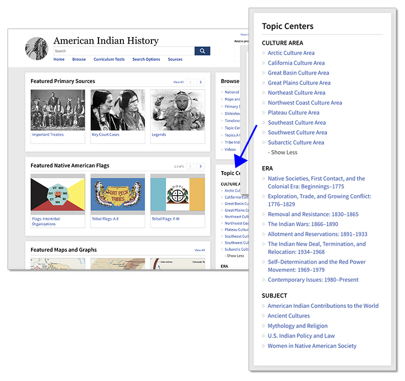 American Indian History's Topic Centers can be found on the home page
