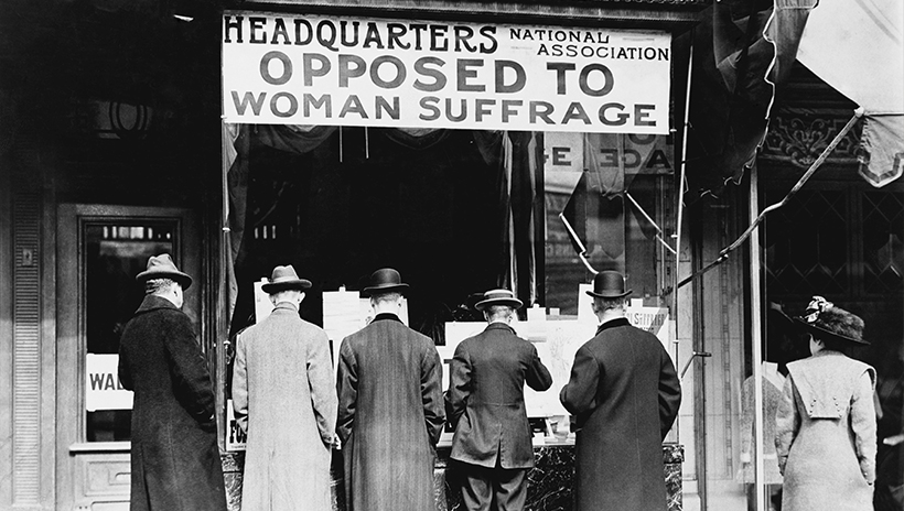 Men gathered outside the headquarters of the National Association Opposed to Woman Suffrage