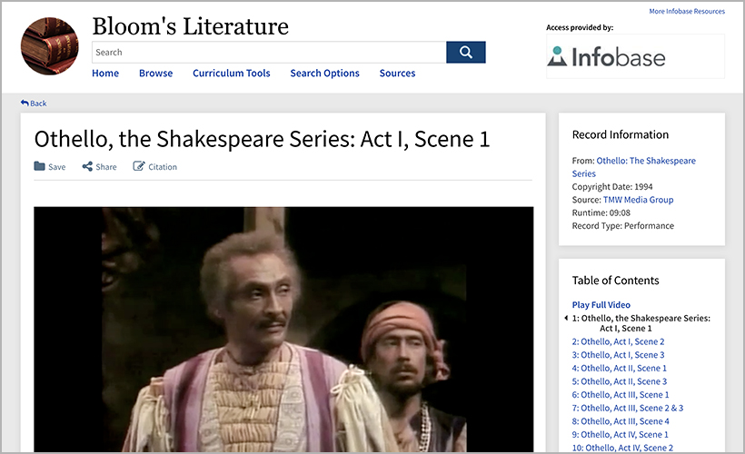 Othello, the Shakespeare Series video, available on Bloom's Literature