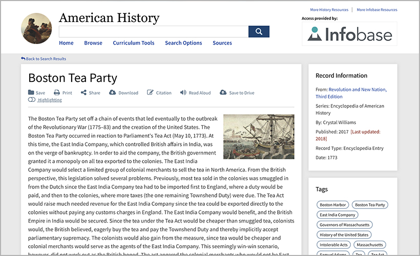 Boston Tea Party article from Infobase's American History database