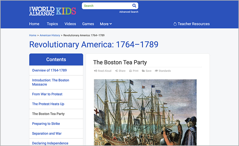 "Revolutionary America: 1764–1789" from The World Almanac® for Kids