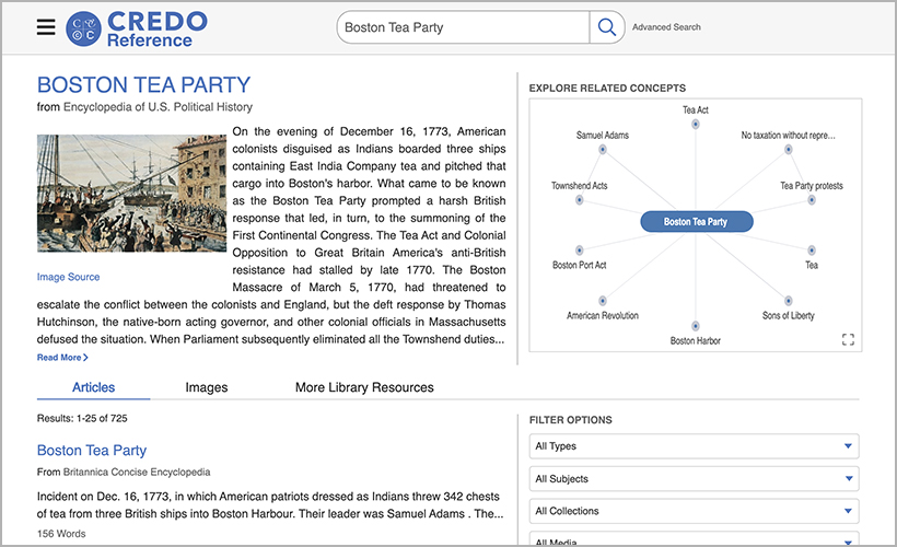 Boston Tea Party search results and Mind Map from Credo Reference