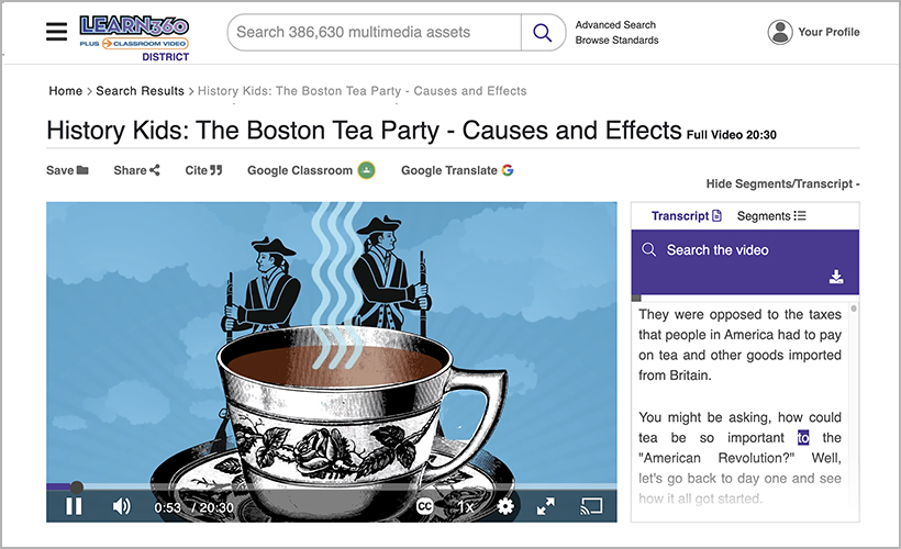 "History Kids: The Boston Tea Party—Causes and Effects," available from Learn360