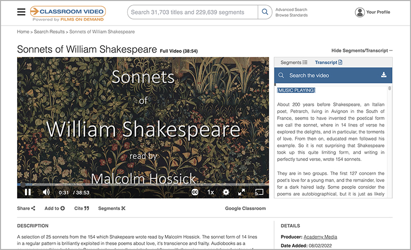 "Sonnets of William Shakespeare," available through Classroom Video On Demand