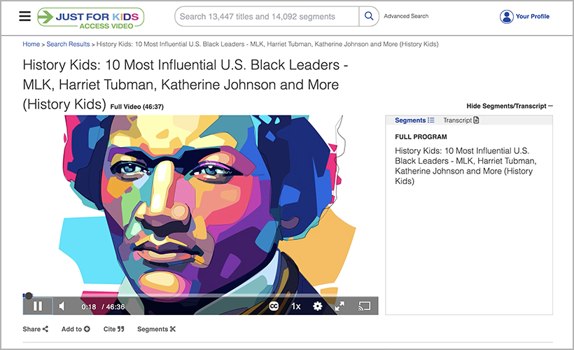 "History Kids: 10 Most Influential U.S. Black Leaders—MLK, Harriet Tubman, Katherine Johnson, and More," available on Just for Kids