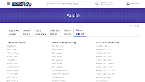 Where to find audio recordings and sound effects on Learn360