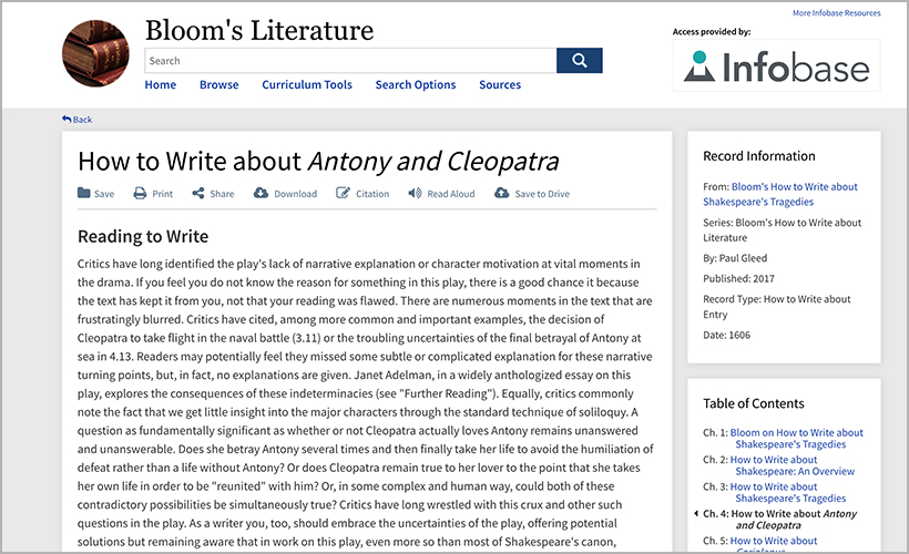 "How to Write about Antony and Cleopatra," available on Bloom's Literature
