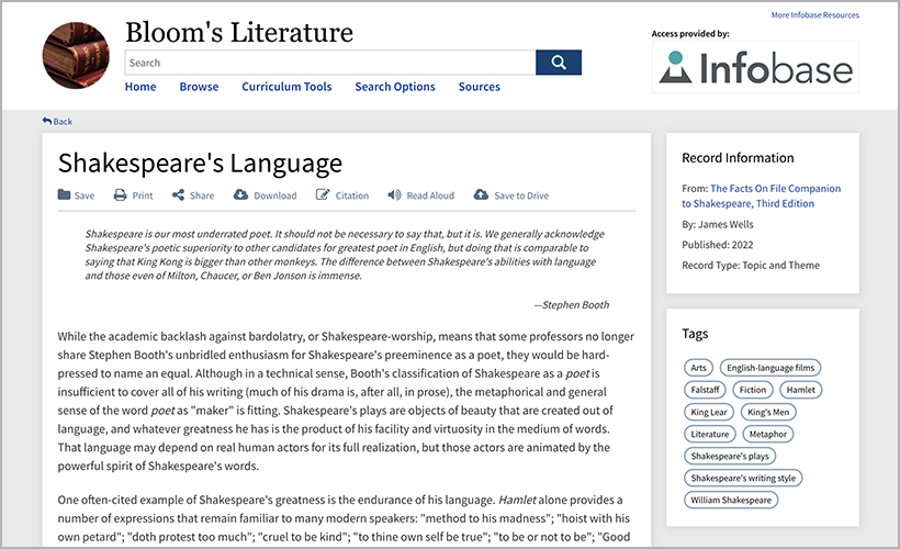 "Shakespeare's Language," available on Bloom's Literature