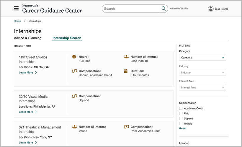 Internship directory on Ferguson's Career Guidance Center