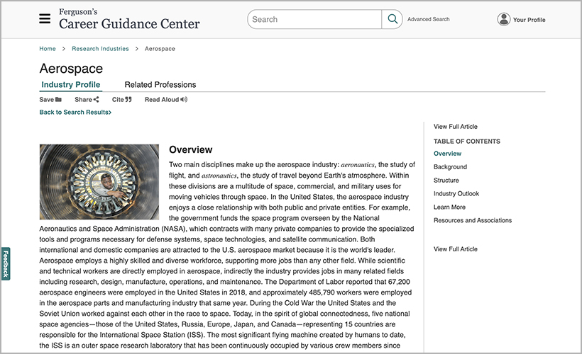 Aerospace industry profile from Ferguson's Career Guidance Center