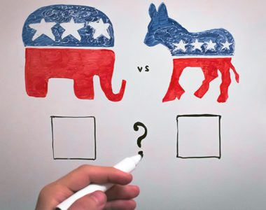 Republican elephant vs. Democrat donkey, representing political topics to be discussed in the classroom; student draws question mark between them