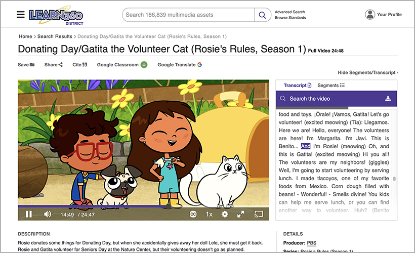 "Donating Day/Gatita the Volunteer Cat" from Rosie's Rules, available on Learn360