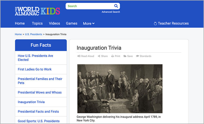 "Inauguration Trivia" from The World Almanac® for Kids