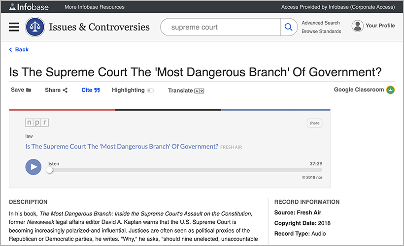 "Is the Supreme Court the 'Most Dangerous Branch' of Government" from Fresh Air on Issues & Controversies
