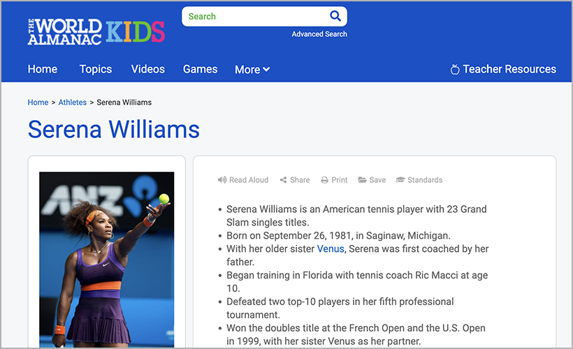 bullet biography of Serena Williams in The World Almanac® for Kids database