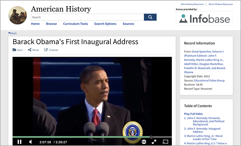 Barack Obama's first inaugural address, available on Infobase's American History database