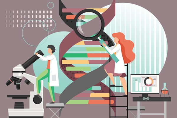 Female scientist analyzing DNA helix, representing women in STEM