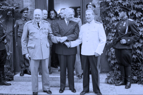 Winston Churchill, Harry S. Truman, and Joseph Stalin Shake Hands at the Potsdam Conference, Germany
