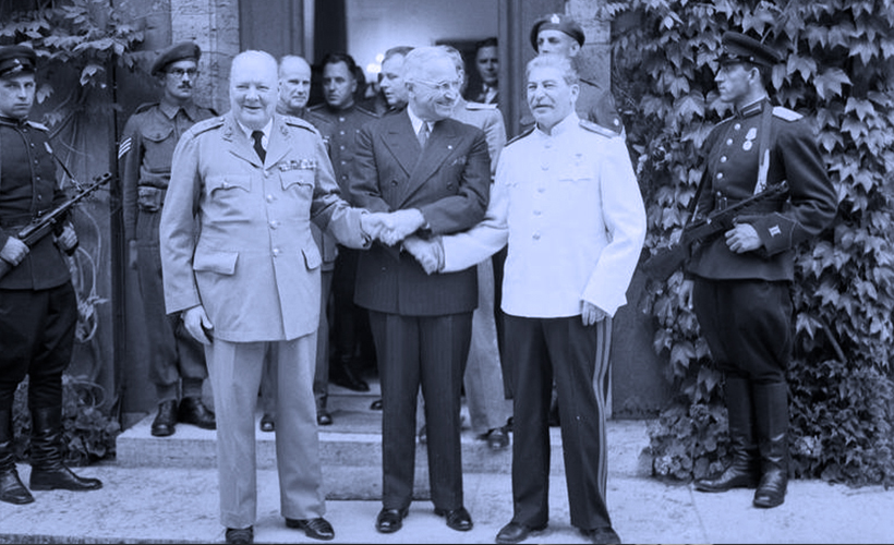 Winston Churchill, Harry S. Truman, and Joseph Stalin Shake Hands at the Potsdam Conference, Germany