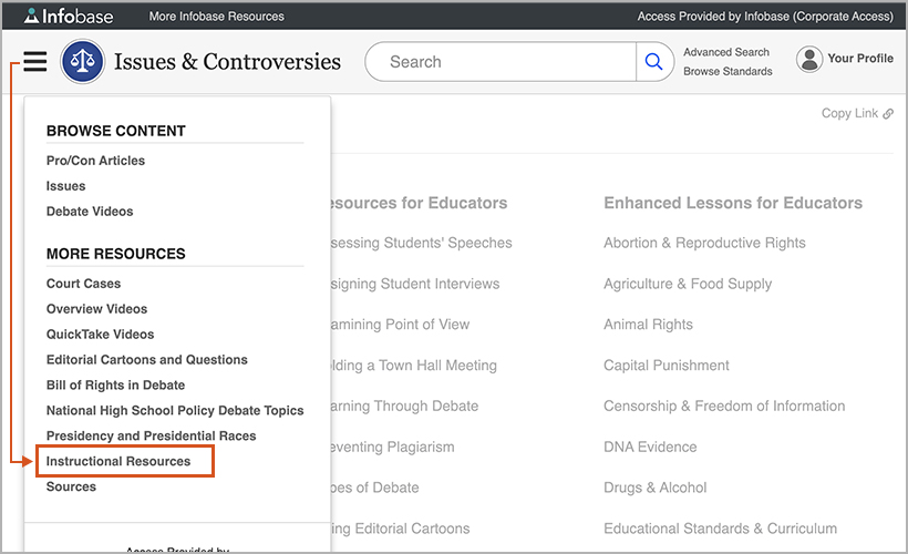 Where to find the instructional resources on Infobase's Issues & Controversies database