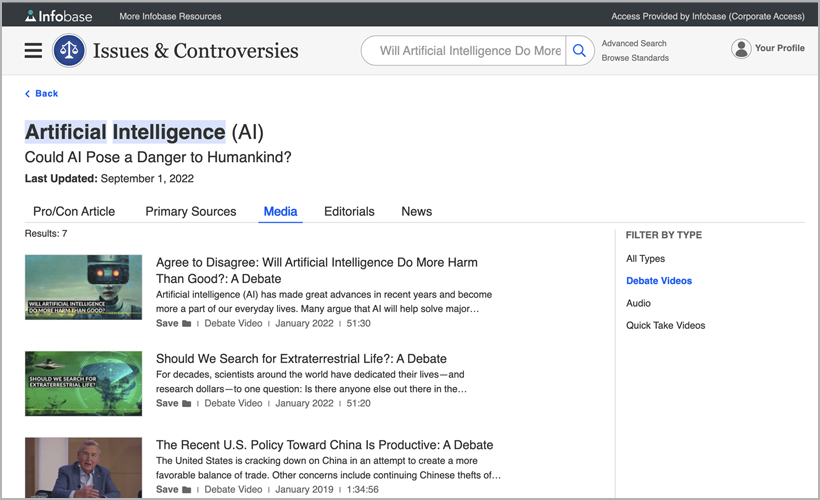 Artificial intelligence (AI) topic in Infobase's Issues & Controversies database
