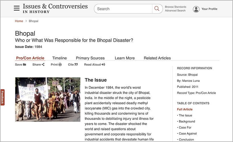 "Bhopal" pro/con article in Issues & Controversies in History
