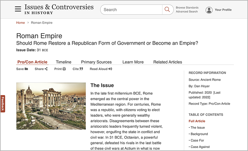 "Roman Empire" pro/con article in Issues & Controversies in History