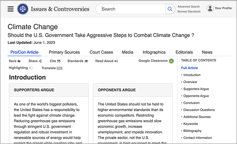 "Climate Change" pro/con article on Issues & Controversies