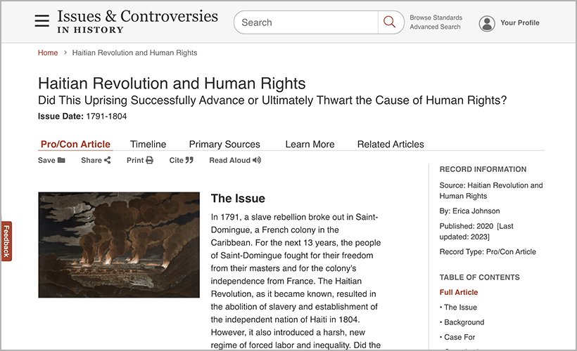 "Haitian Revolution and Human Rights" pro/con article in Issues & Controversies in History