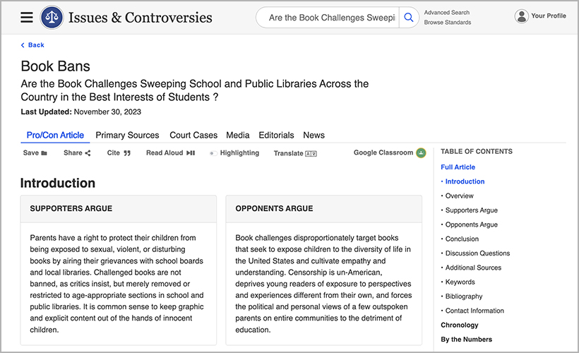 "Book Bans" pro/con article on Issues & Controversies