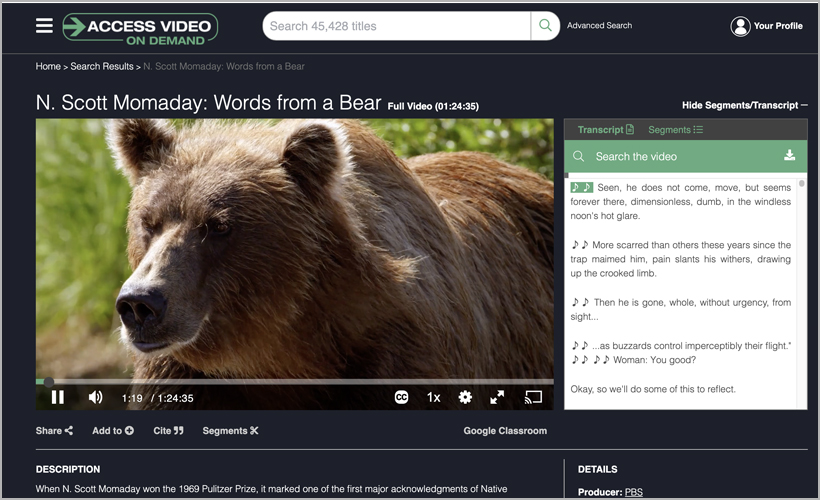 "N. Scott Momaday: Words from a Bear," available on Access Video On Demand