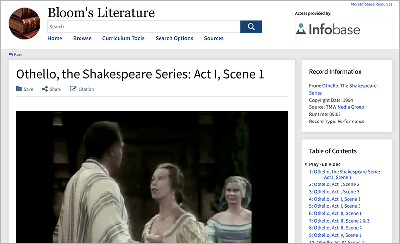"Othello, the Shakespeare Series" on Bloom's Literature