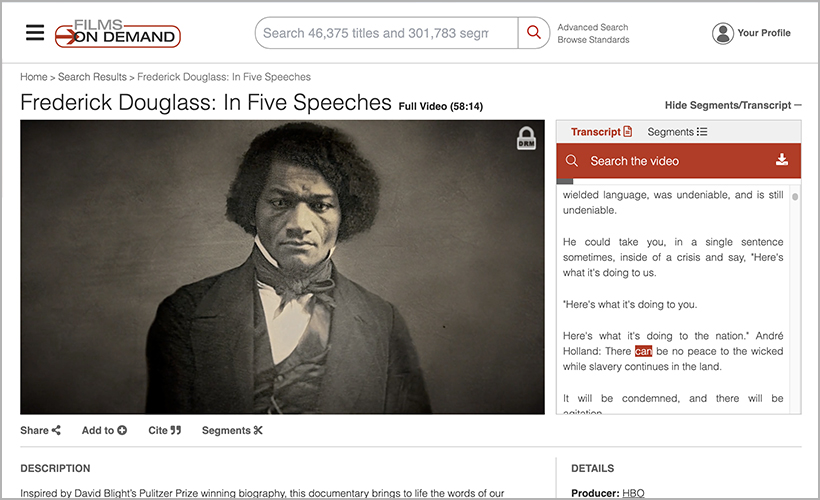 "Frederick Douglass: In Five Speeches," available on Films On Demand and Access Video On Demand