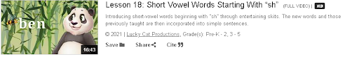 "Lesson 18: Short Vowel Words Starting with 'sh'," available on Learn360