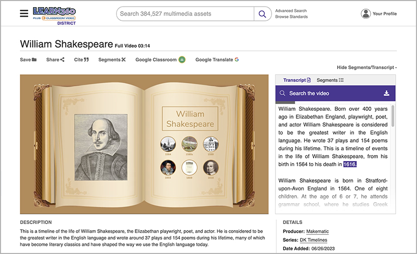 William Shakespeare from the DK Timelines series on Learn360