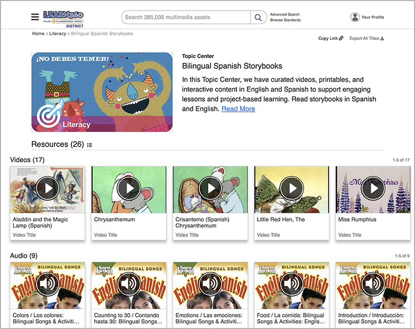 Bilingual Spanish Storybooks Topic Center in Learn360