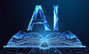 Futuristic AI learning concept with glowing open book and AI letters connected to circuit board on dark background