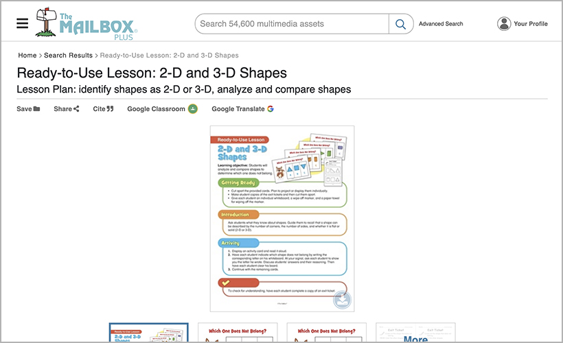 "Ready-to-Use Lesson: 2-D and 3-D Shapes" from The Mailbox Plus