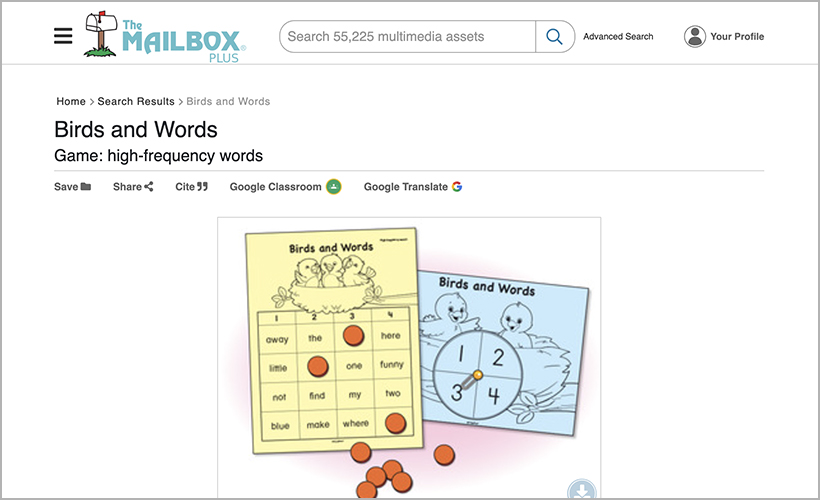 "Birds and Words" game, available on The Mailbox Plus