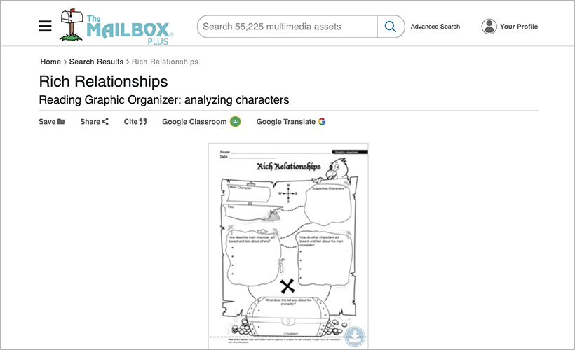 "Rich Relationships" reading graphic organizer, available on The Mailbox Plus