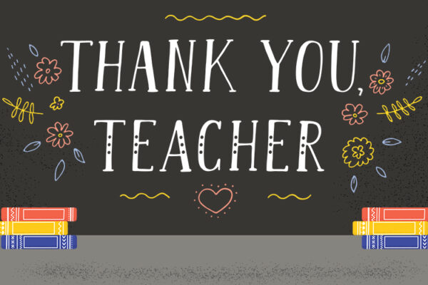 "Thank you, teacher" on a chalk board