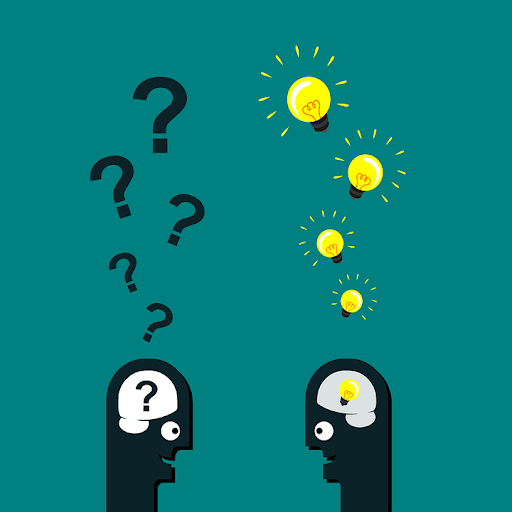 Two people talking, one with question marks coming out of his head, the other with glowing light bulbs representing ideas